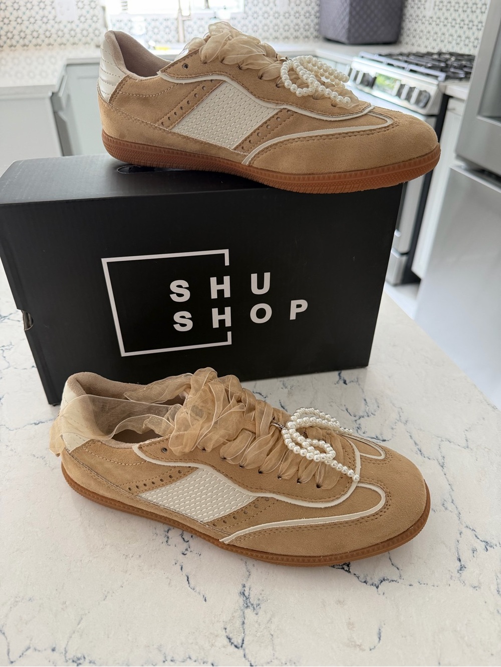 ShuShop Women’s Tan & White Suede Pearl-Accent Sneakers